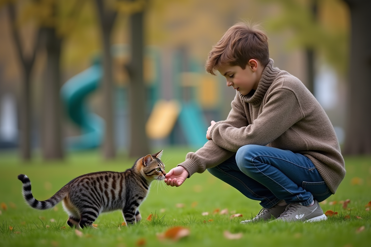 Adolescent caressant un chat errant dans un parc calme