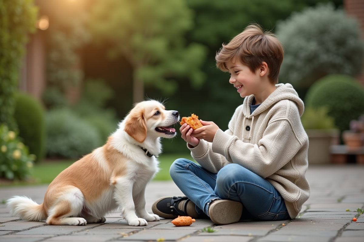 Adolescent donnant à manger à son chien dans le jardin
