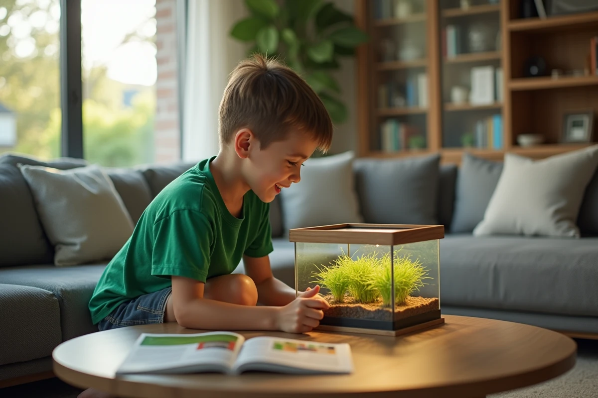 Garçon curieux observe son ant farm dans le salon