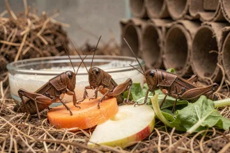 Grillons en captivité mangeant des légumes frais comme des carottes et des feuilles vertes dans un terrarium propre