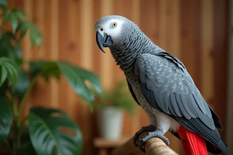 Gris du Gabon perché sur une branche en bois, plumage gris cendré avec queue rouge vif, portrait hyper-réaliste en intérieur