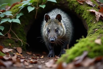 Mature grison européen à l'entrée de sa tanière en forêt