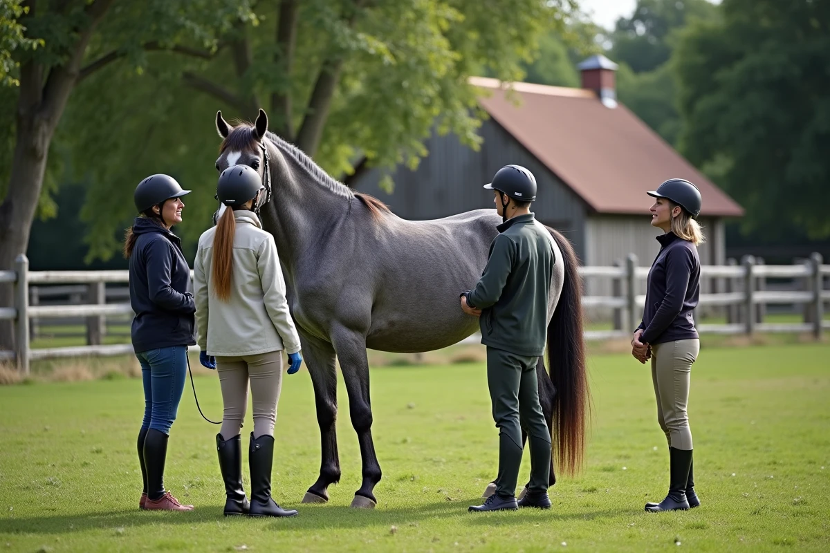 Groupe d'adultes débutants participant à une leçon d'équitation en extérieur autour d'un cheval gris dans une école d'équitation