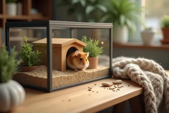 Hamster russe dans un habitat en verre spacieux avec litière en papier profonde et maison en bois
