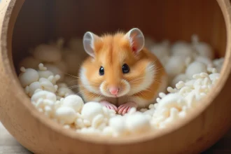 Hamster dorée gestante nichée dans un nid de coton doux à l'intérieur d'un terrarium en bois