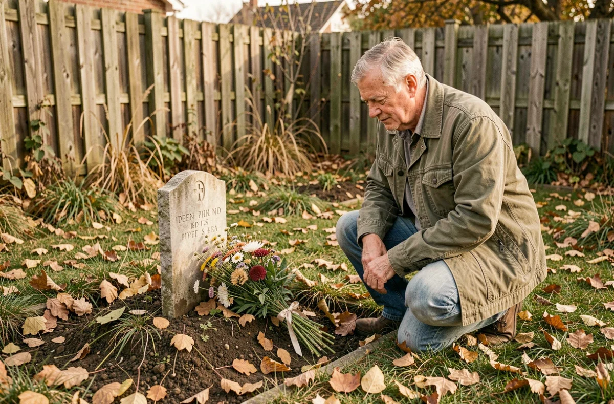 Homme agenouillé devant la tombe de son chien dans un jardin, avec des fleurs sauvages en hommage