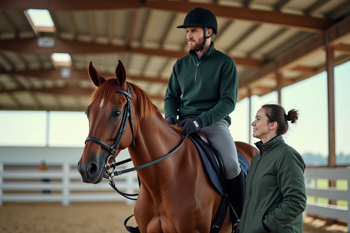 Homme adulte débutant monté à cheval dans un manège couvert accompagné d'un moniteur d'équitation