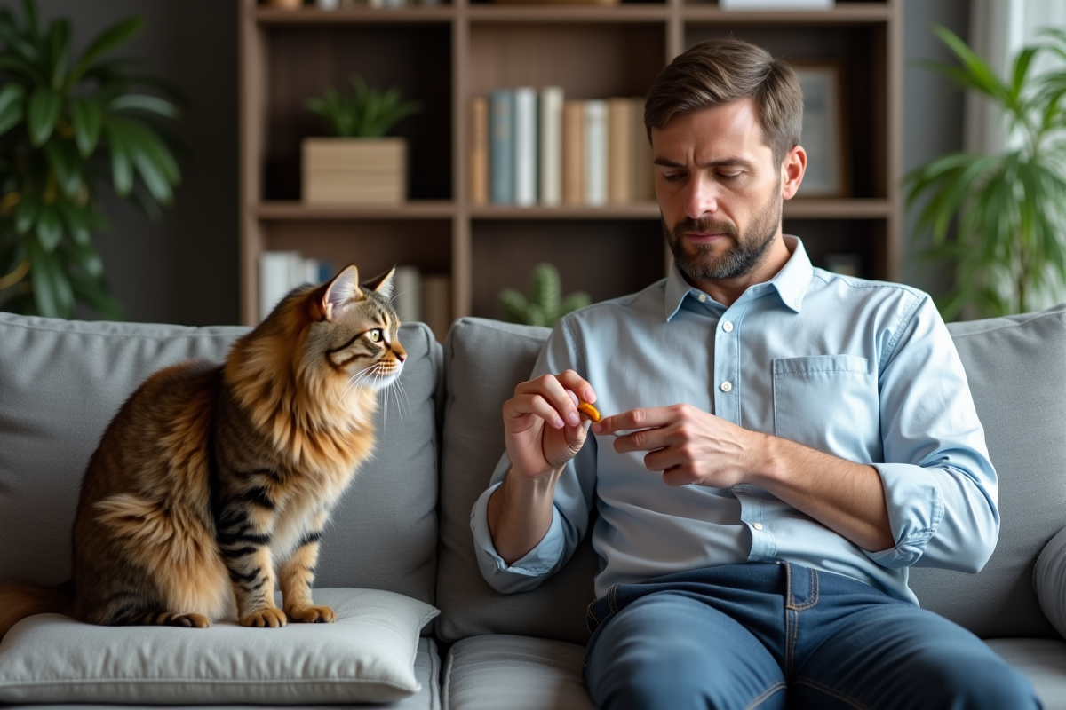 Homme donnant de la pâte anti-hairball à son chat dans le salon