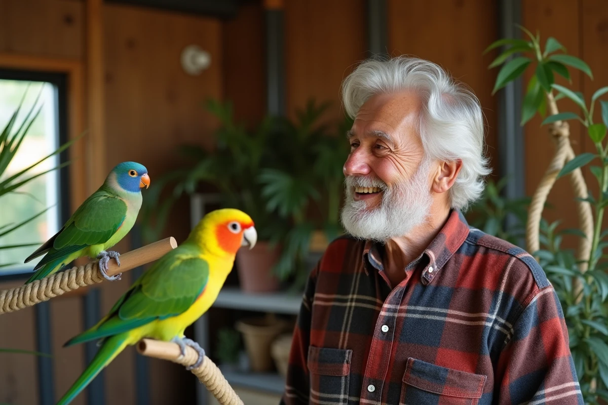 Homme âgé observant des perruches dans un aviary intérieur