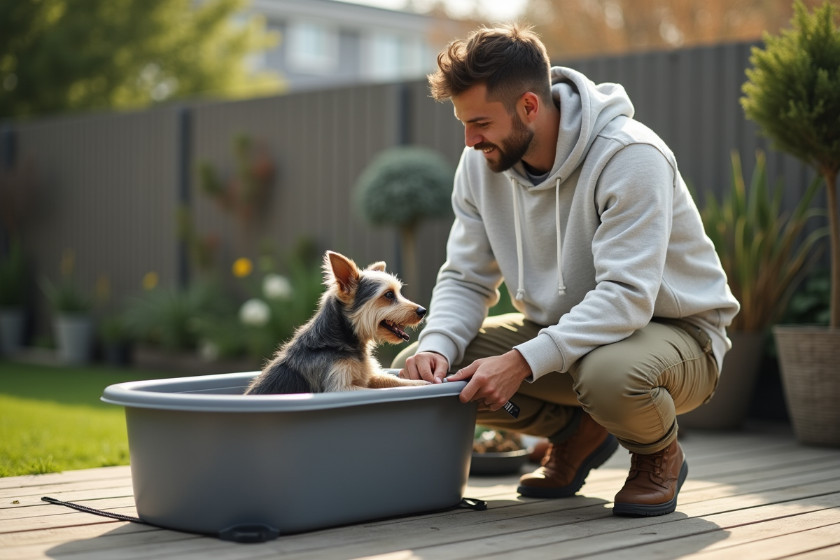 Jeune homme calmant un petit terrier dans un jardin