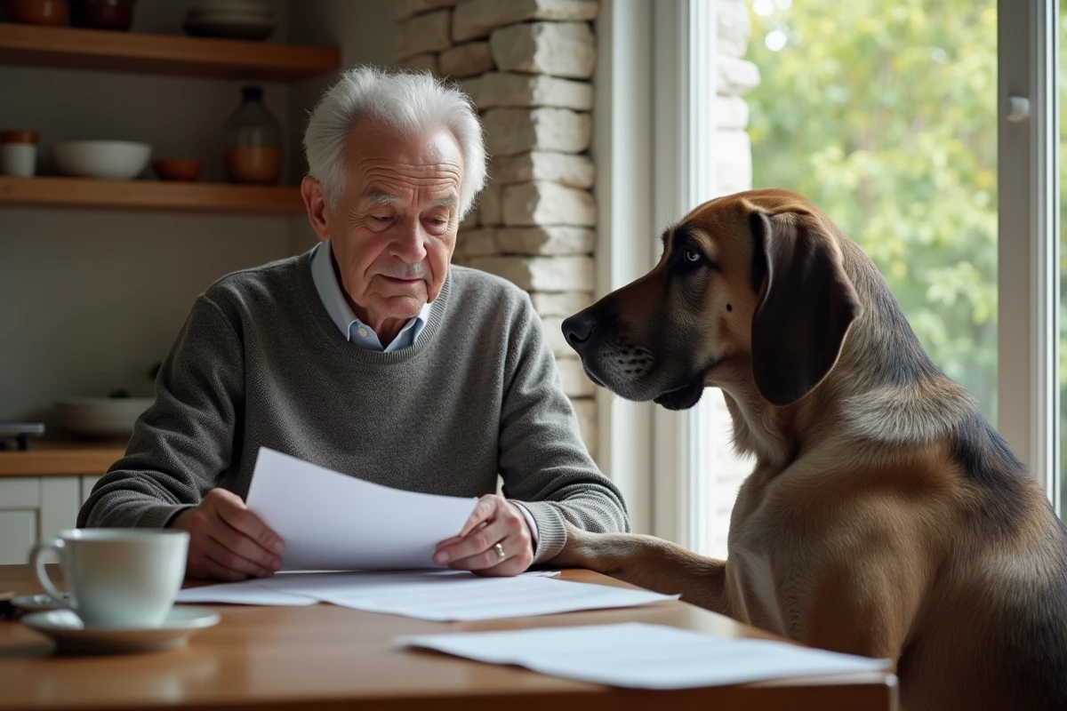 Homme âgé avec un Irish Wolfhound à la maison