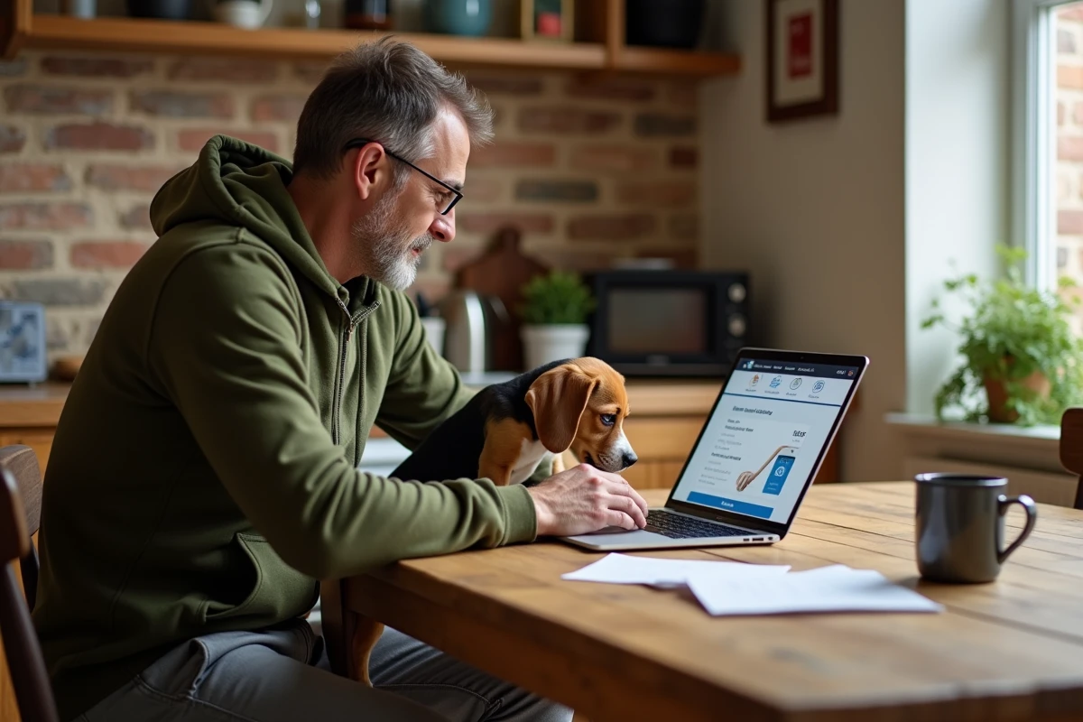 Homme comparant des mutuelles pour chien en ligne sur laptop avec un chiot beagle à ses côtés dans une cuisine