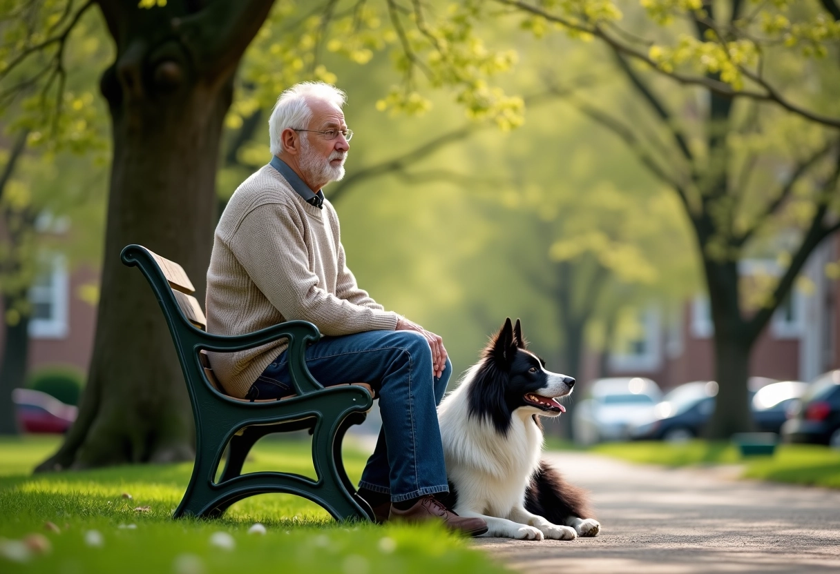 Homme senior avec un border collie dans un parc
