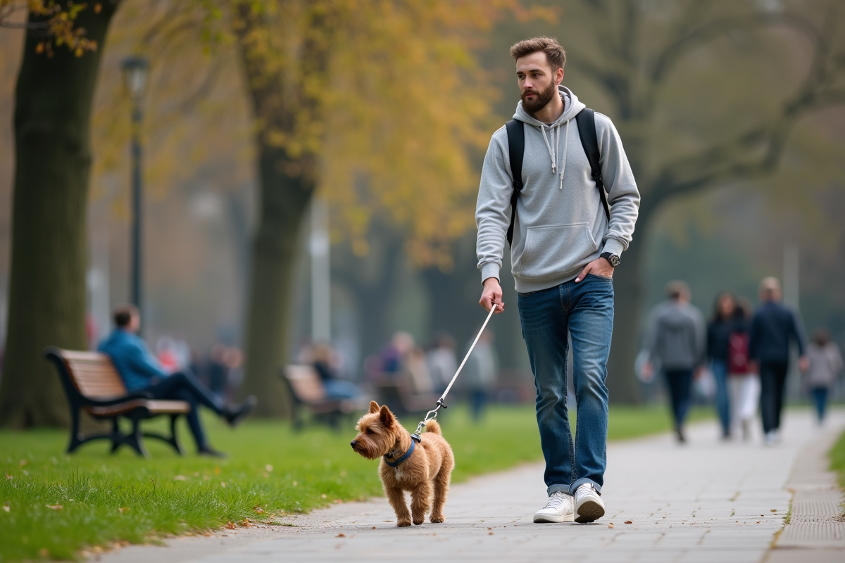 Jeune homme marche avec son chien dans un parc urbain