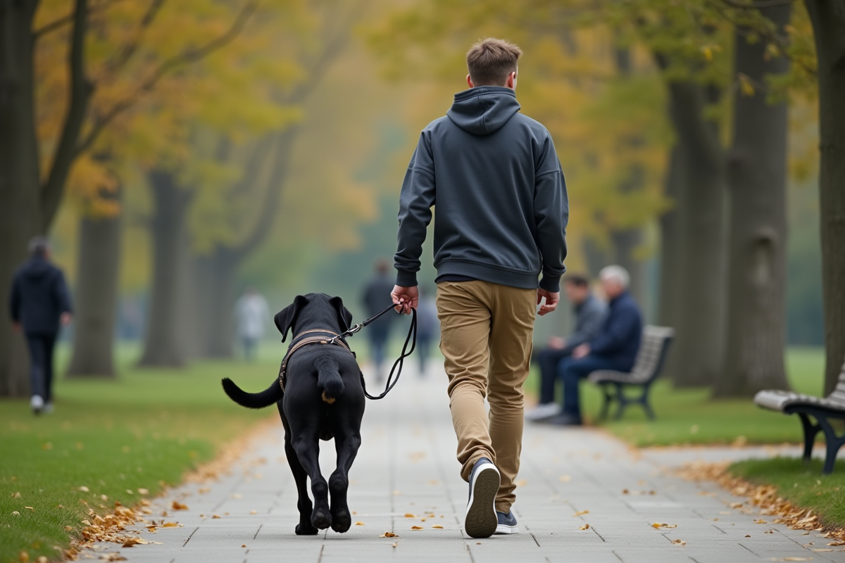 Homme avec un labrador dans un parc urbain en été