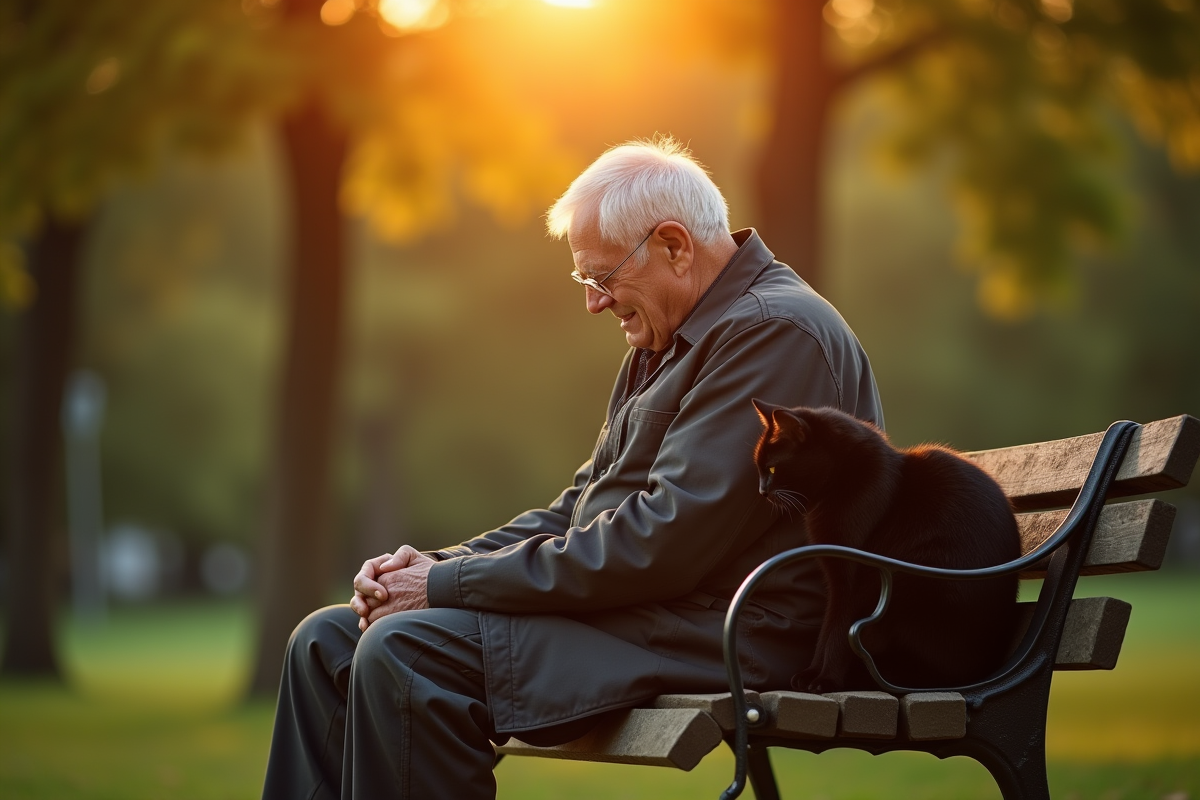 Homme âgé sur un banc avec un chat noir au coucher du soleil