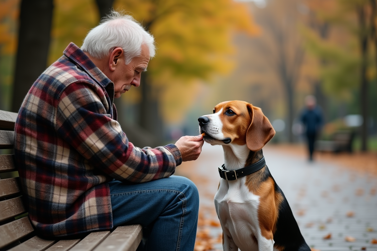 Homme âgé donnant une friandise à son chien dans le parc