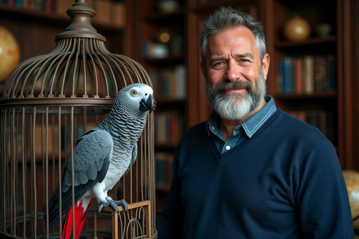 Homme avec un perroquet gris africain posé sur une cage ancienne dans un bureau vintage, réfléchissant au prénom de son oiseau