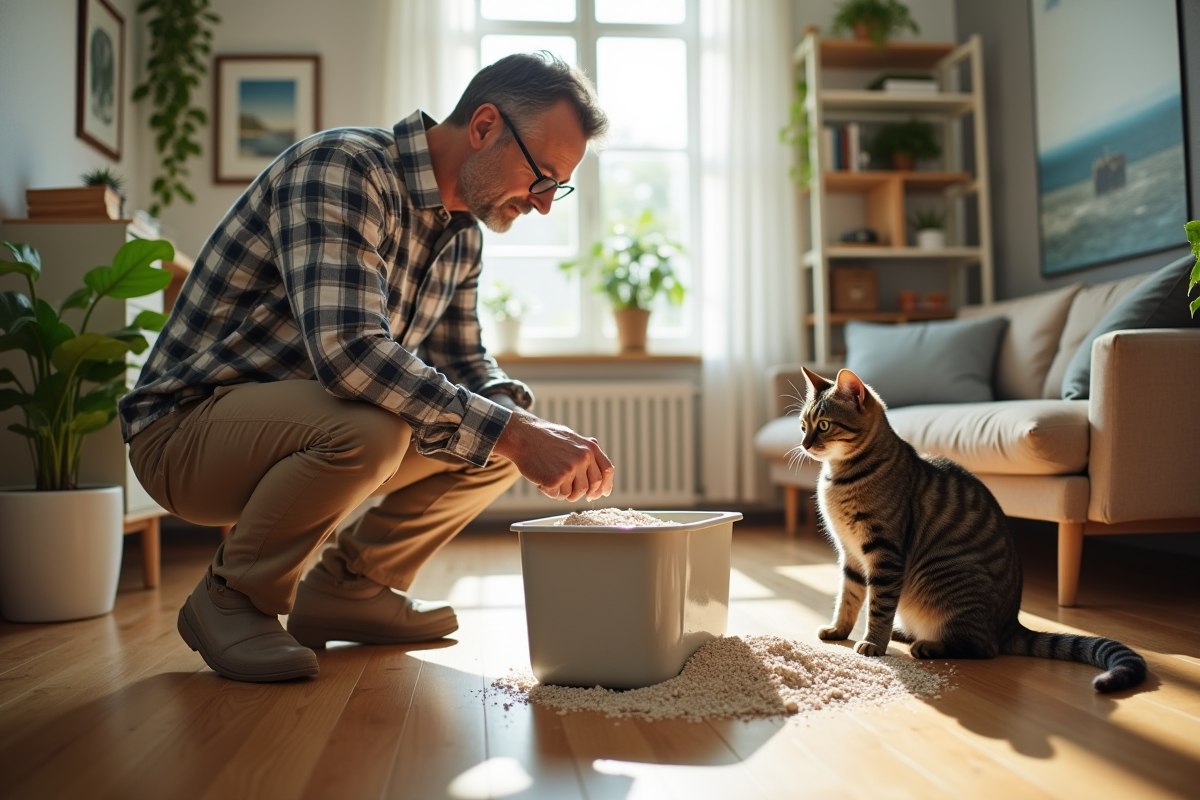 Homme versant de la litière pour chat dans le salon ensoleille