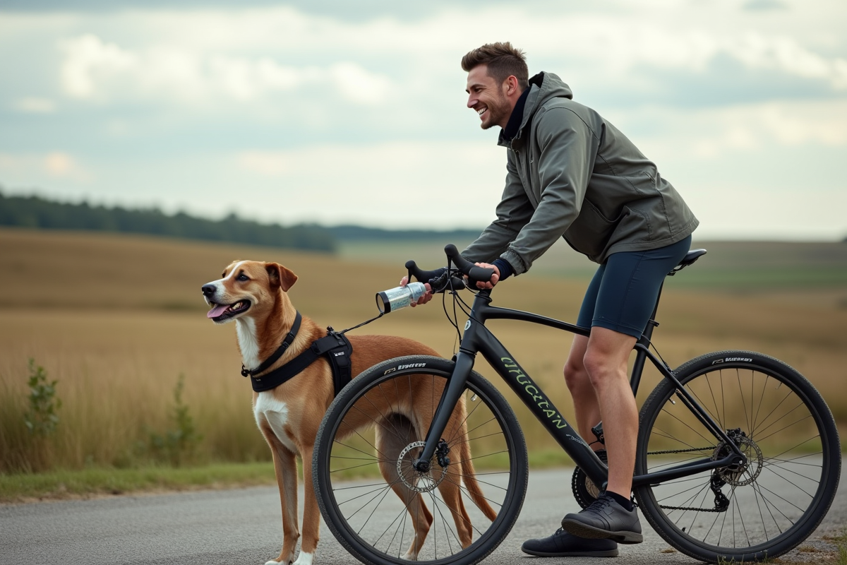 Homme avec chien en pause sur route rurale