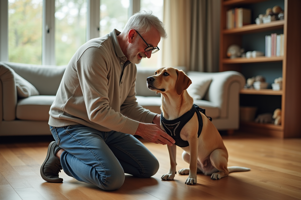 Homme âgé ajustant le harnais de son chien à la maison