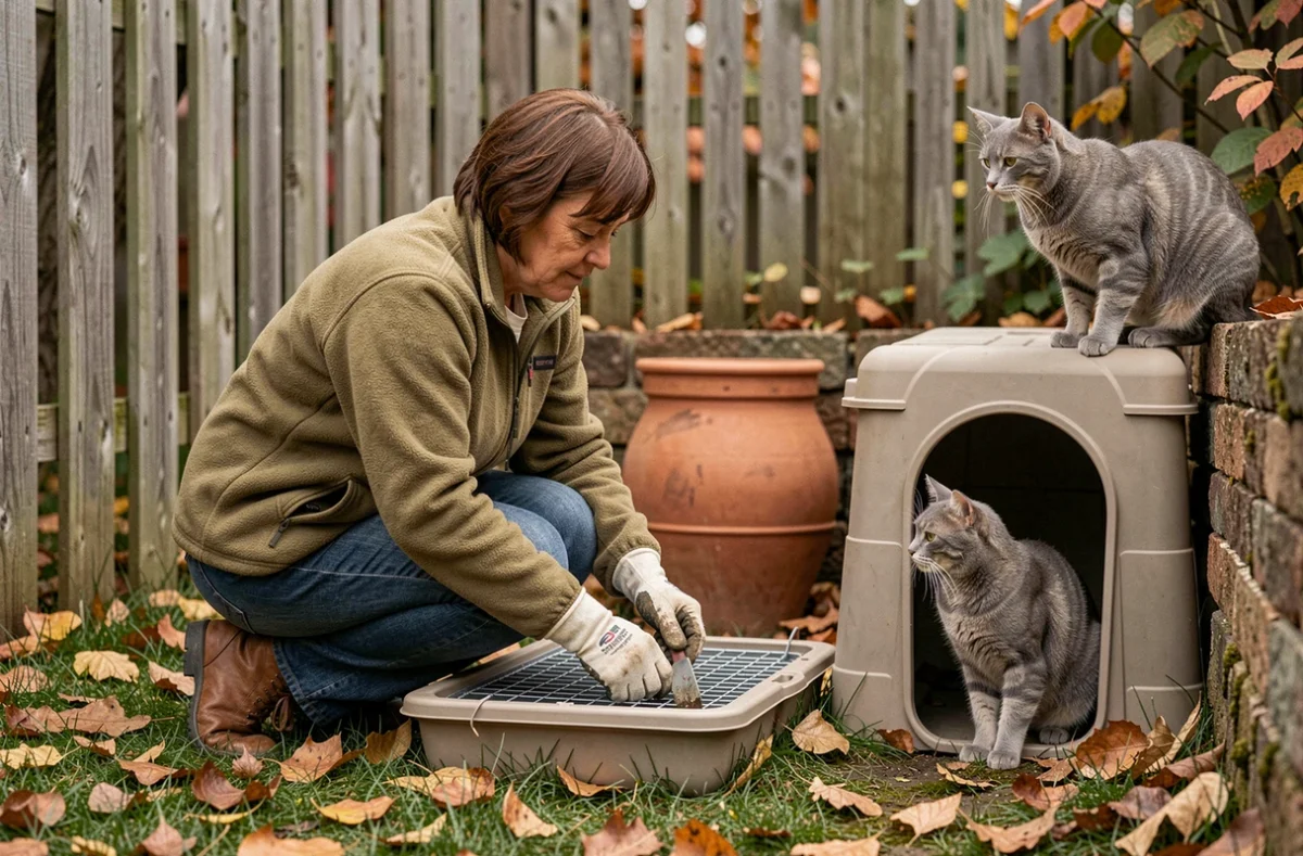 Femme installant un coussin chauffant dans un abri chat extérieur dans un jardin en automne