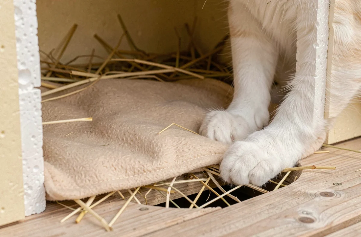 Intérieur d'un abri chat chauffé avec couverture thermique et litière de paille en gros plan