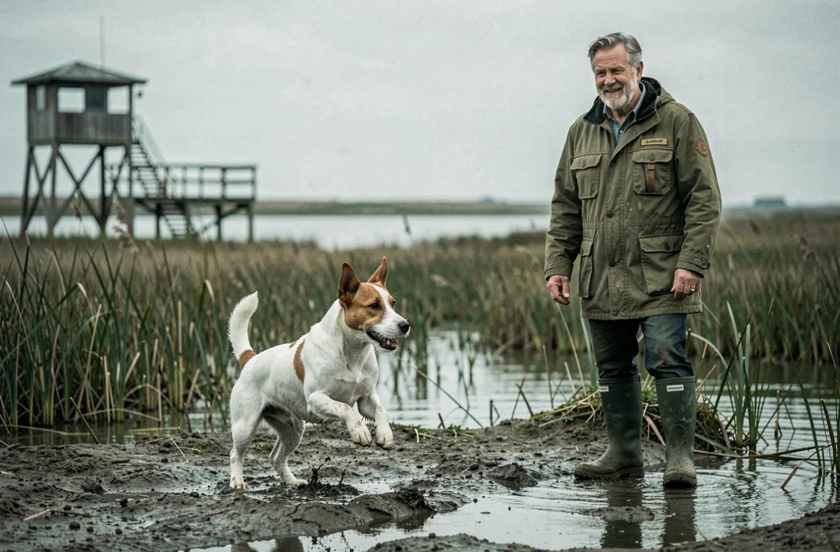Jack Russell Terrier jouant sur les rives humides du Teich avec son éleveur de Jack de Brana en arrière-plan