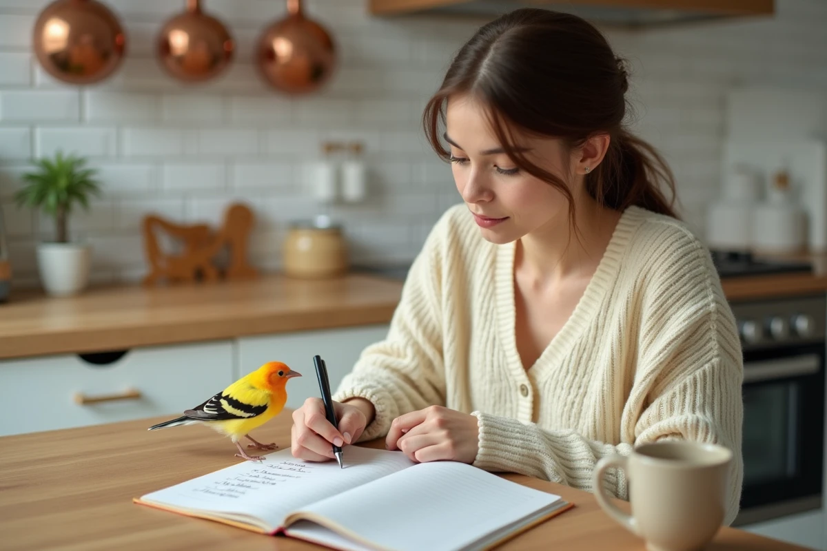 Jeune femme notant des prénoms d'oiseaux originaux dans un carnet avec un canari posé dessus dans une cuisine lumineuse