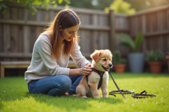 Jeune femme en printemps avec un chiot dans un jardin