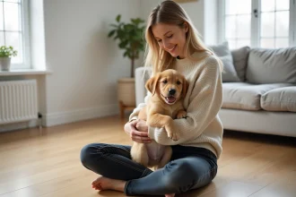 Jeune femme tenant un chiot golden retriever dans un salon moderne, illustration d'une mutuelle chien pour jeune animal