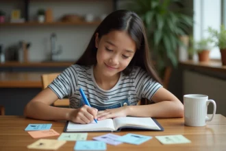 Jeune fille concentrée écrivant noms d'animaux à la maison