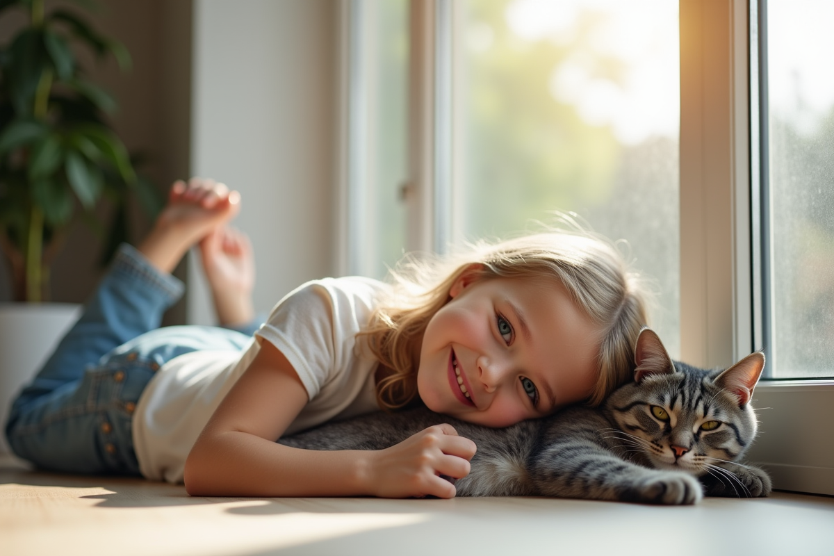 Jeune fille et chat gris relaxant près d