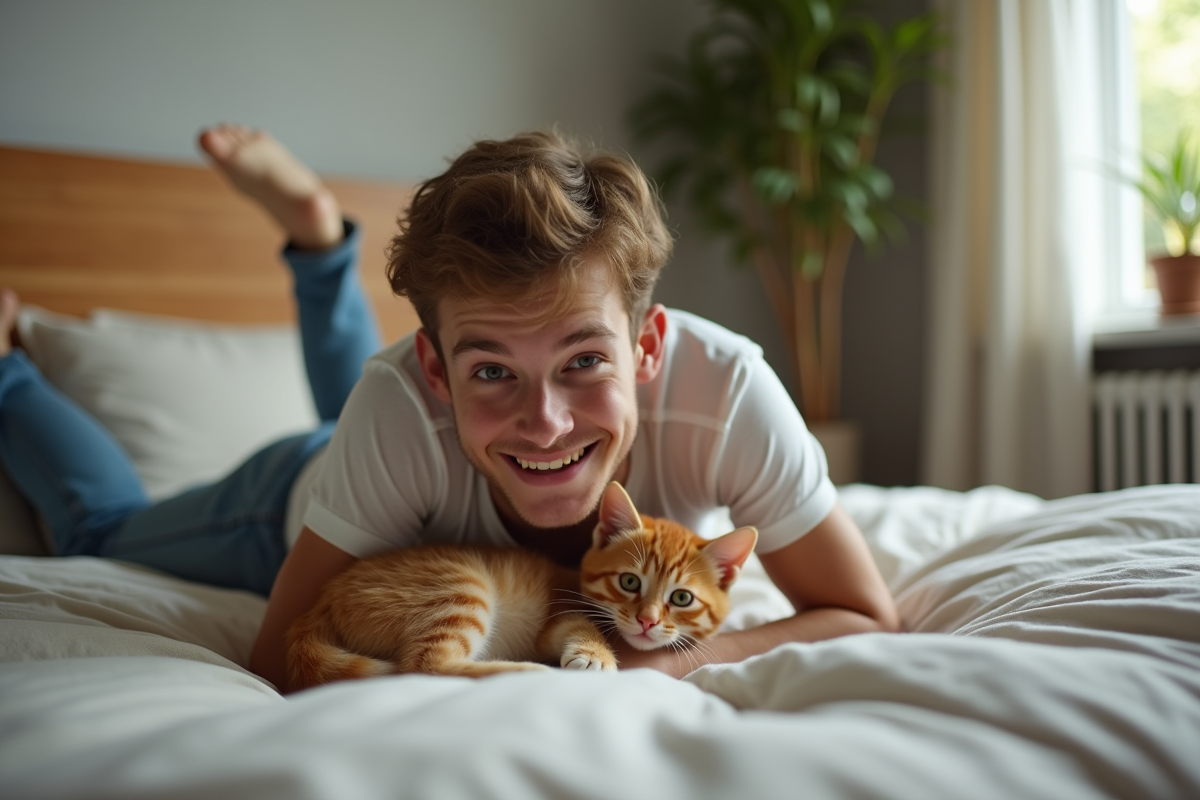 Jeune homme allongé sur le lit avec un chaton ginger