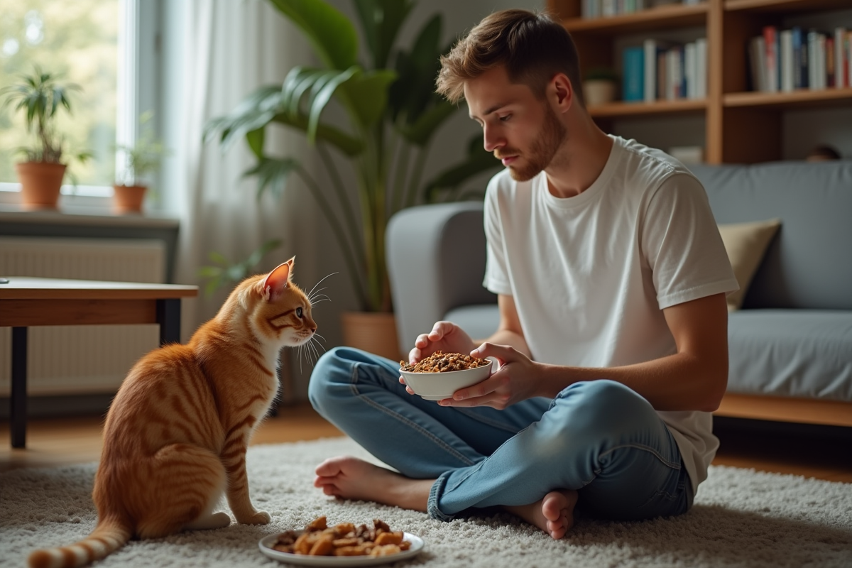 Jeune homme offrant de la nourriture à un chat dans le salon