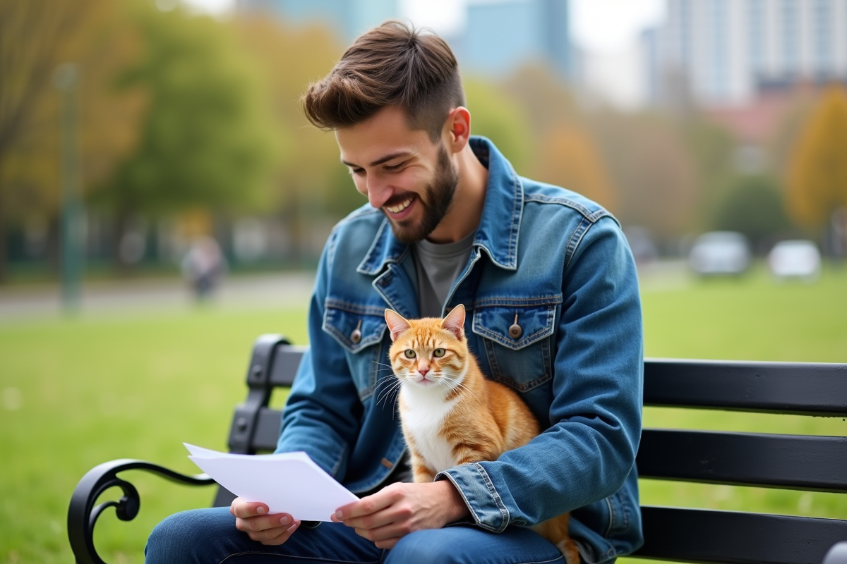 Jeune homme souriant avec chat dans un parc urbain