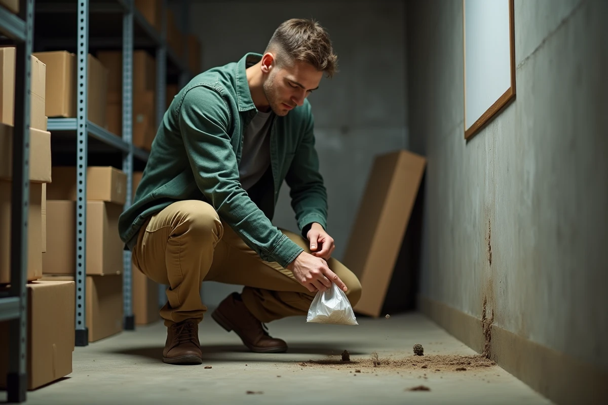 Jeune homme montre des déjections de rats dans un sous-sol