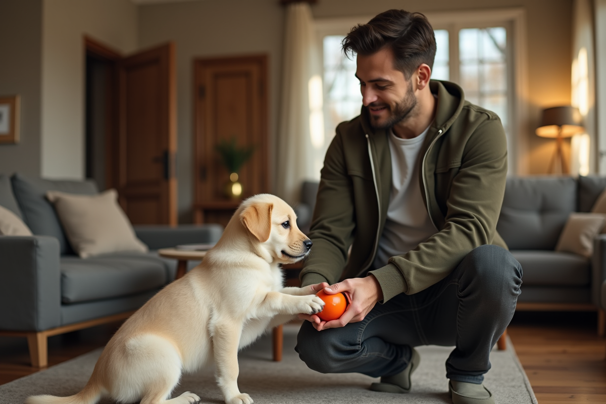 Jeune homme joue avec un chiot labrador dans un salon