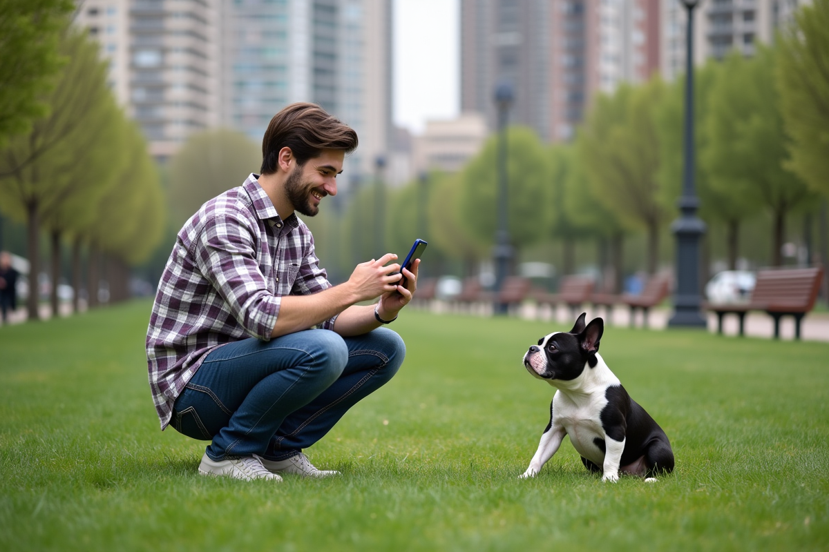 Jeune homme avec chien dans un parc urbain