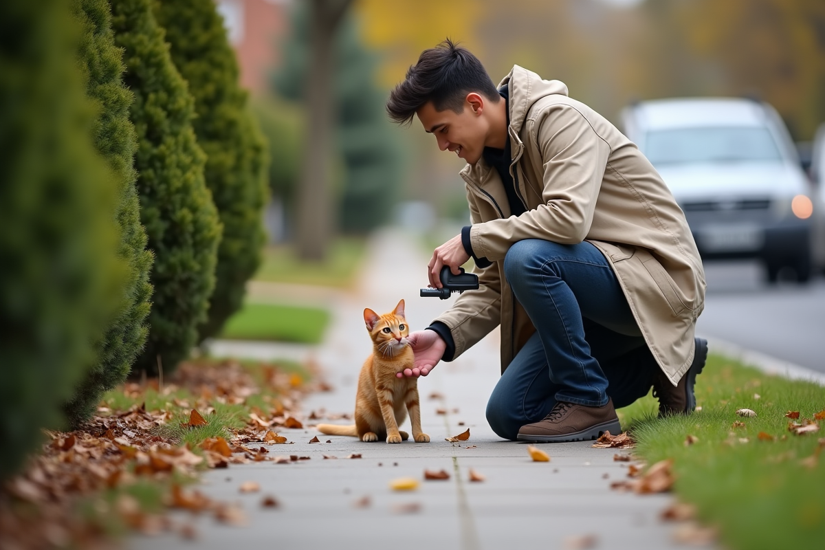 Jeune homme scannant un chat orange dans la rue
