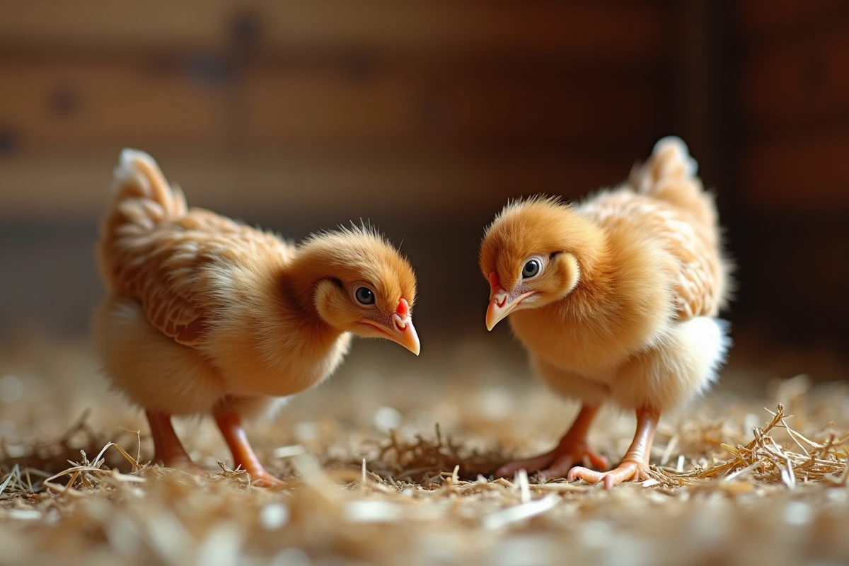 Jeunes poules dans un poulailler intérieur avec paille