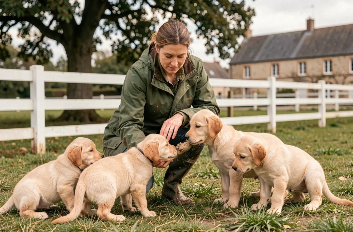 Éleveuse de golden retrievers à La Prairie à Milton à Sainte-Florence, entourée de chiots dans un paddock herbeux