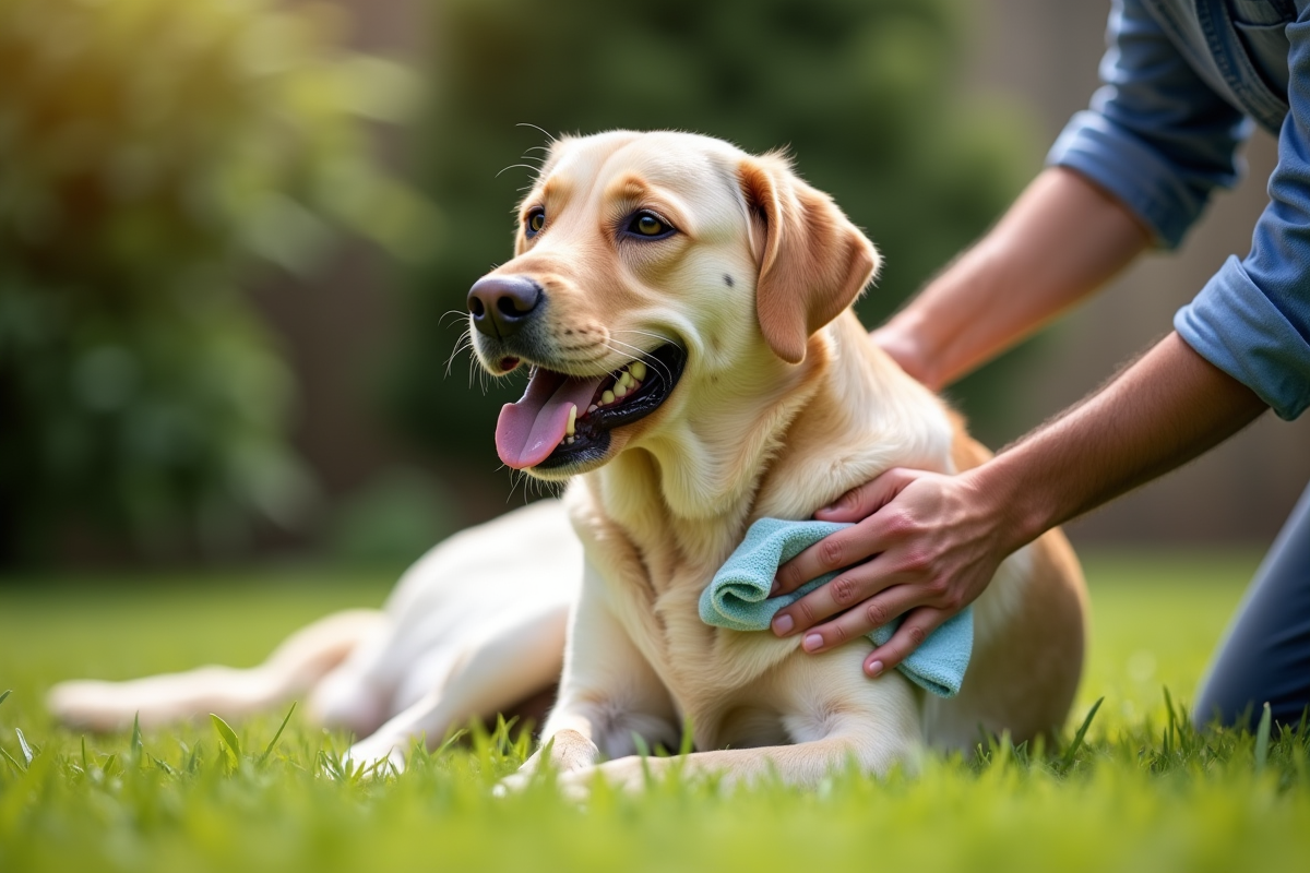 Labrador heureux en jardin en train de recevoir un soin