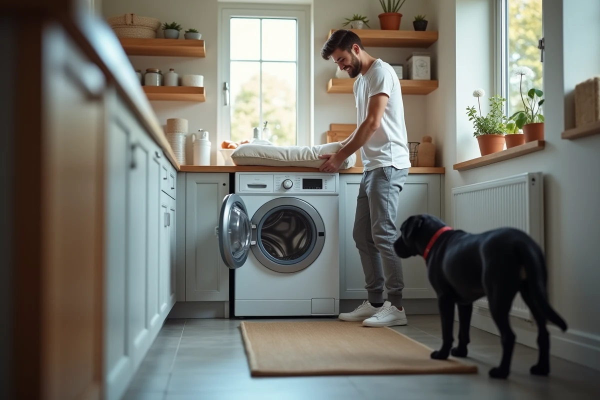 Jeune homme lavant une housse de lit pour chien