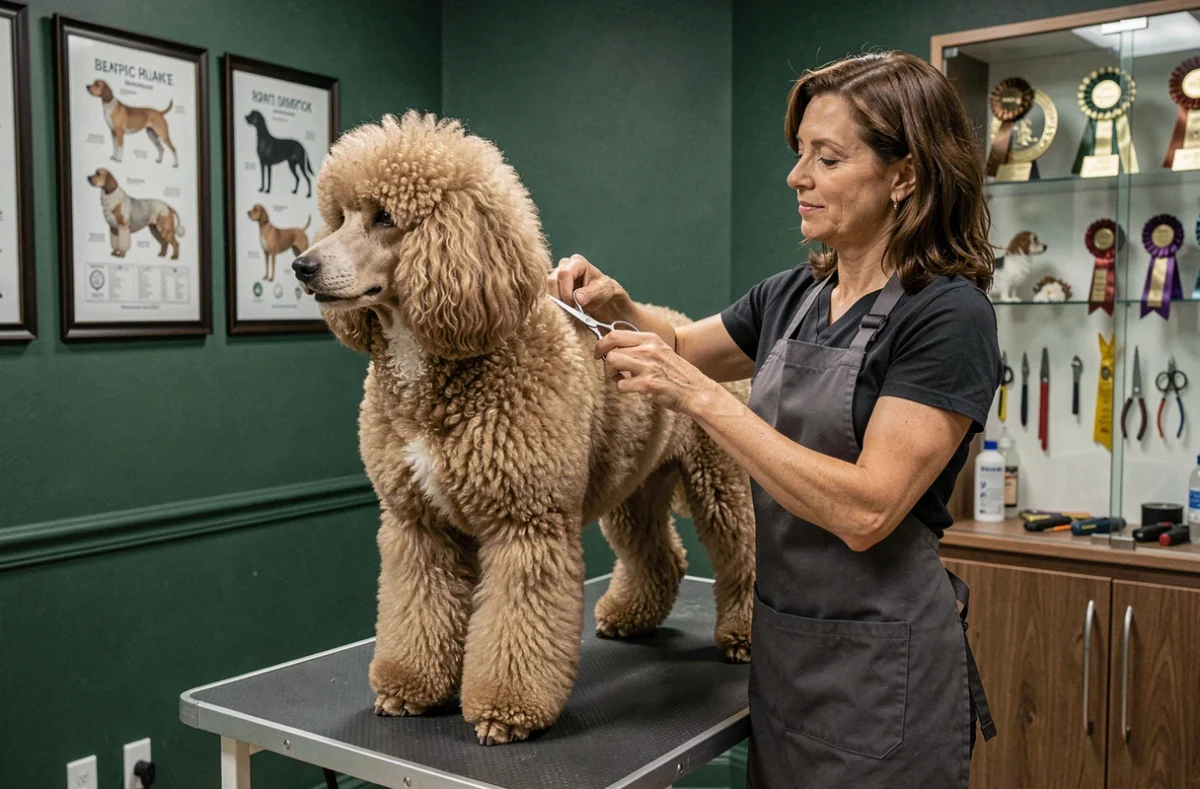 Le Domaine d'Hircine, salon de toilettage spécialisé avec une toiletteuse coiffant un Caniche royal avec précision