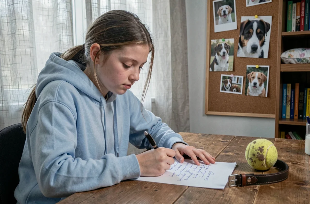 Adolescente écrivant un message d'adieu pour son chien décédé, avec un collier et une balle posés sur le bureau