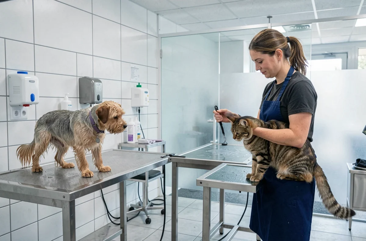 Toiletteur polyvalent en Loire-Atlantique coiffant un chien et un chat côte à côte dans un salon moderne