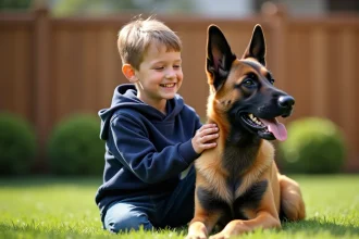 Jeune garçon assis dans le jardin avec un Malinois belge, main posée doucement sur le dos du chien, complicité naturelle entre l'enfant et le chien de berger