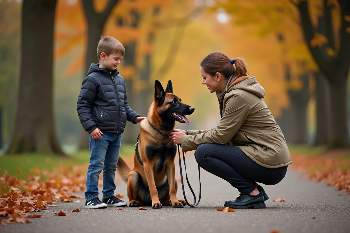 Mère supervisant l'interaction entre son fils et un Malinois belge en laisse dans un parc en automne, illustration des précautions avec un chien de berger belge
