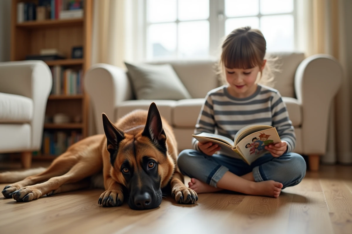 Petite fille lisant un livre à côté d'un Malinois belge allongé sur le parquet, scène de cohabitation calme et sécurisée en intérieur